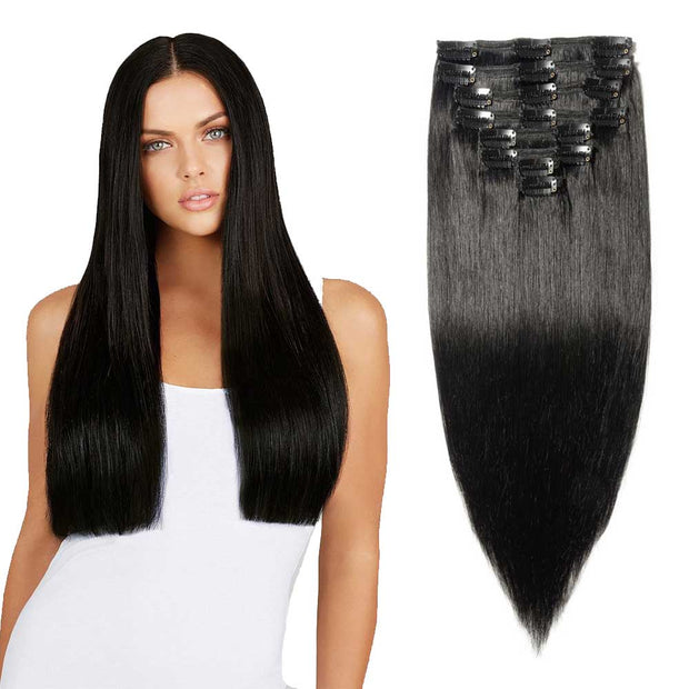 100% Human Hair Clip- in Extensions - #001 Black Velvet